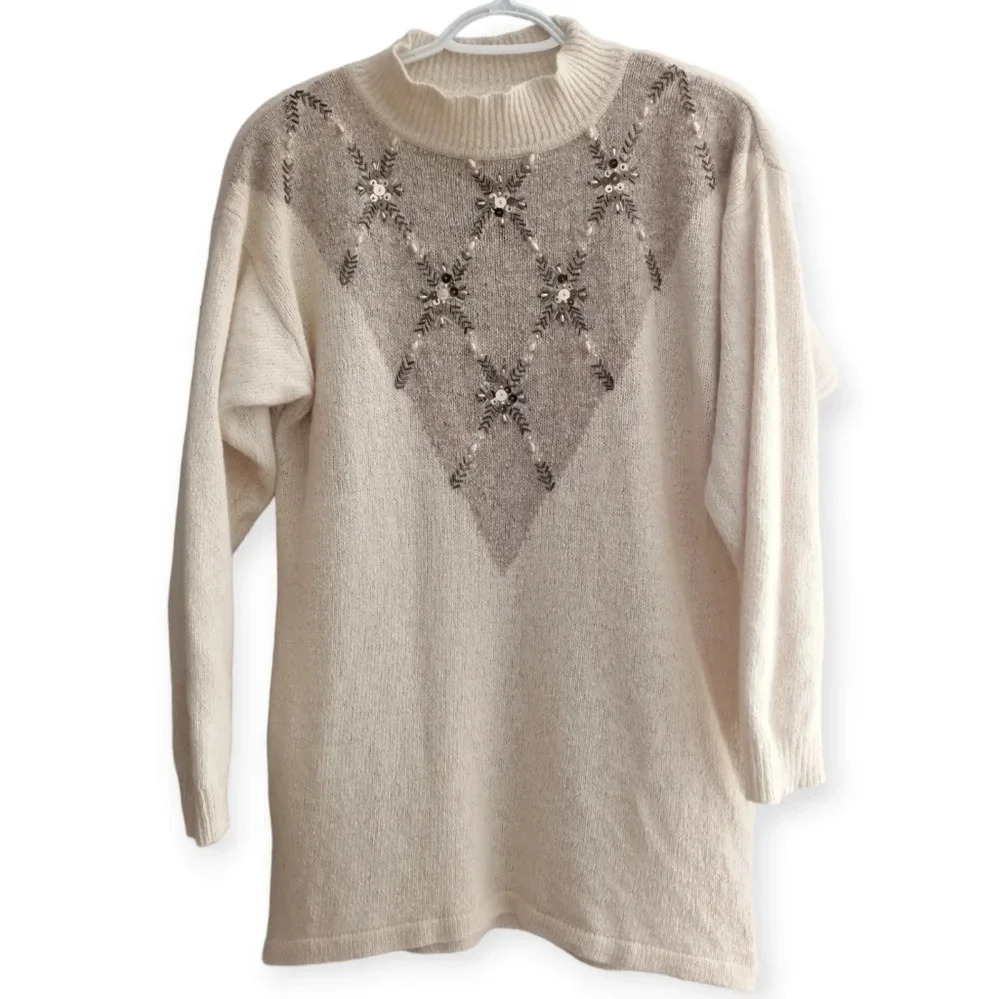 Vintage Silk Angora Blend Cream Two Tone Knit Sweater with Sequin Accents M/L